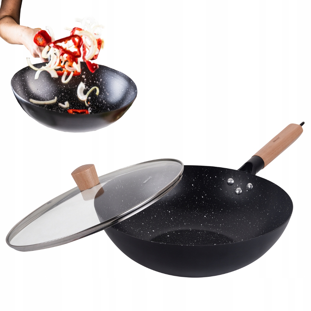 WOK Z POKRYWĄ Z POWŁOKĄ MARMURKOWĄ 30cm KINGHOFF KH-1984 – Idealny do gotowania azjatyckiego