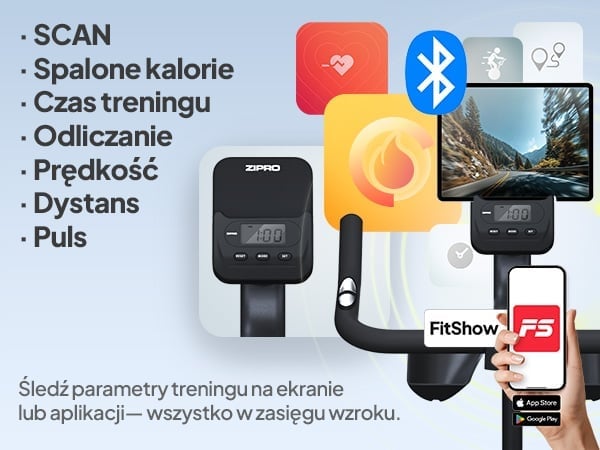 Rower spinningowy ZIPRO Modo - Komputer śledzi parametry: SCAN, spalone kalorie, czas treningu, odliczanie, prędkość, dystans, puls i RPM.
