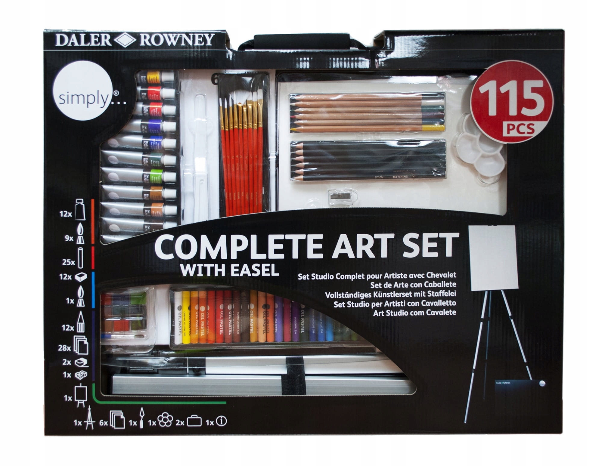Easel with accessories for painting – Zestaw plastyczny Daler Rowney 115 sztuk
