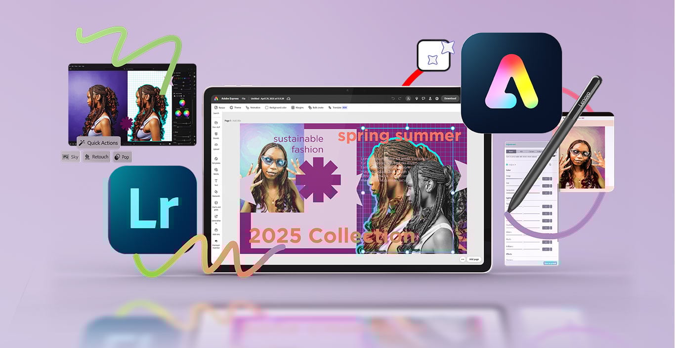 Tablet Yoga Tab z kolorową tapetą na ekranie, obok rysik, dookoła ikony aplikacji do prac kreatywnych