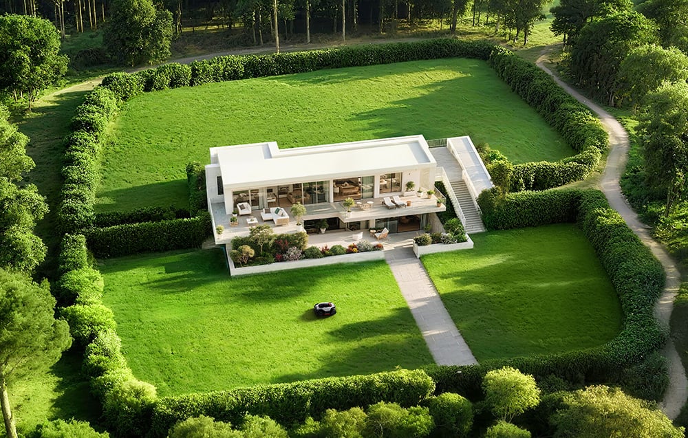 Robot koszący pracuje na dużym trawniku podzielonym na sfery