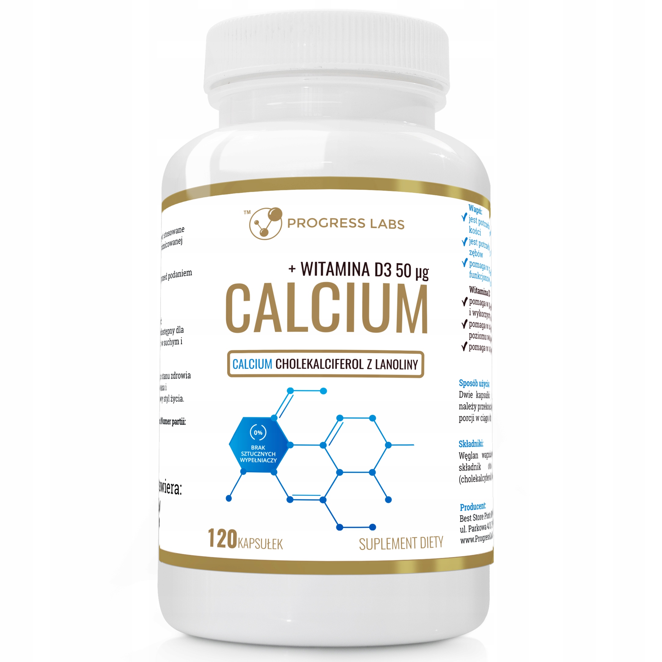 PROGRESS LABS Calcium+Witamina D3 50ug 120 kapsułek – Suplement dla zdrowych kości i zębów