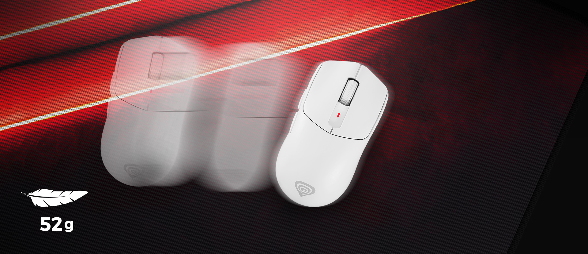 Biała bezprzewodowa mysz do gier z sensorem 10 000 DPI, lekką konstrukcją (52 g), pokazana w ruchu na teksturowanej podkładce pod mysz