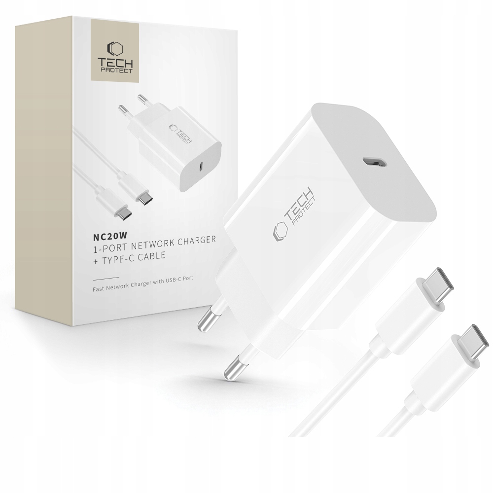 TECH-PROTECT NC20W 1-PORT NETWORK CHARGER PD20W + TYPE-C CABLE WHITE – Szybkie i niezawodne ładowanie