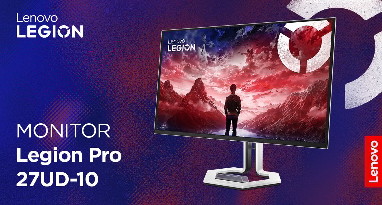 Monitor Lenovo Legion Pro 27UD-10 z wizualizacją gry komputerowej na ekranie