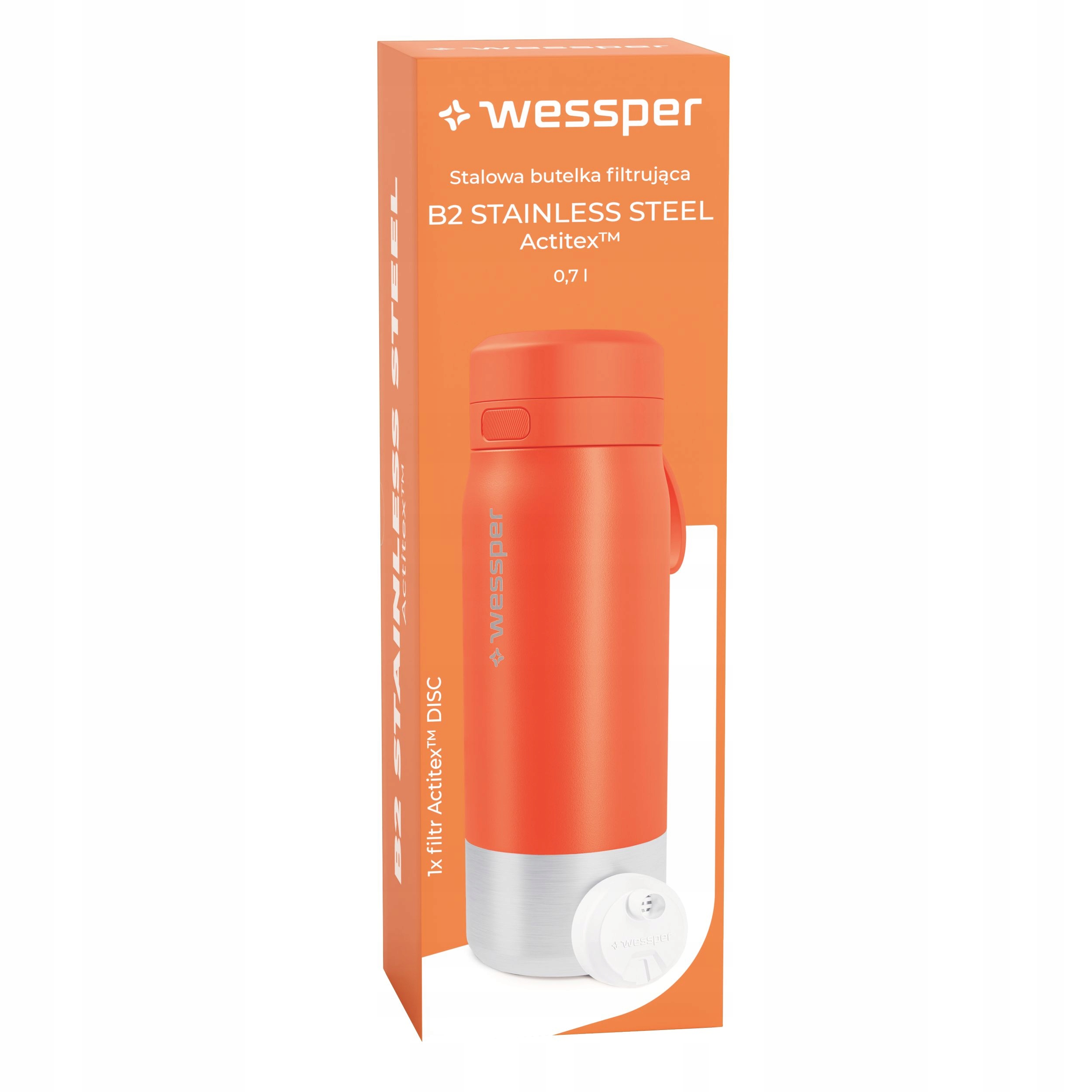 Butelka filtrująca Wessper B2 STAINLESS STEEL Actitex™ 700ml – Pomarańczowa