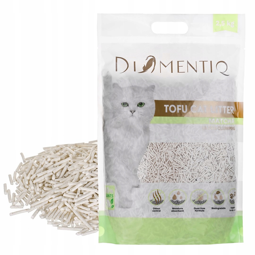 Żwirek ekologiczny Tofu zbrylający zapachowy Matcha DIAMENTIQ 2,5 kg* – Idealne rozwiązanie dla Twojego kota