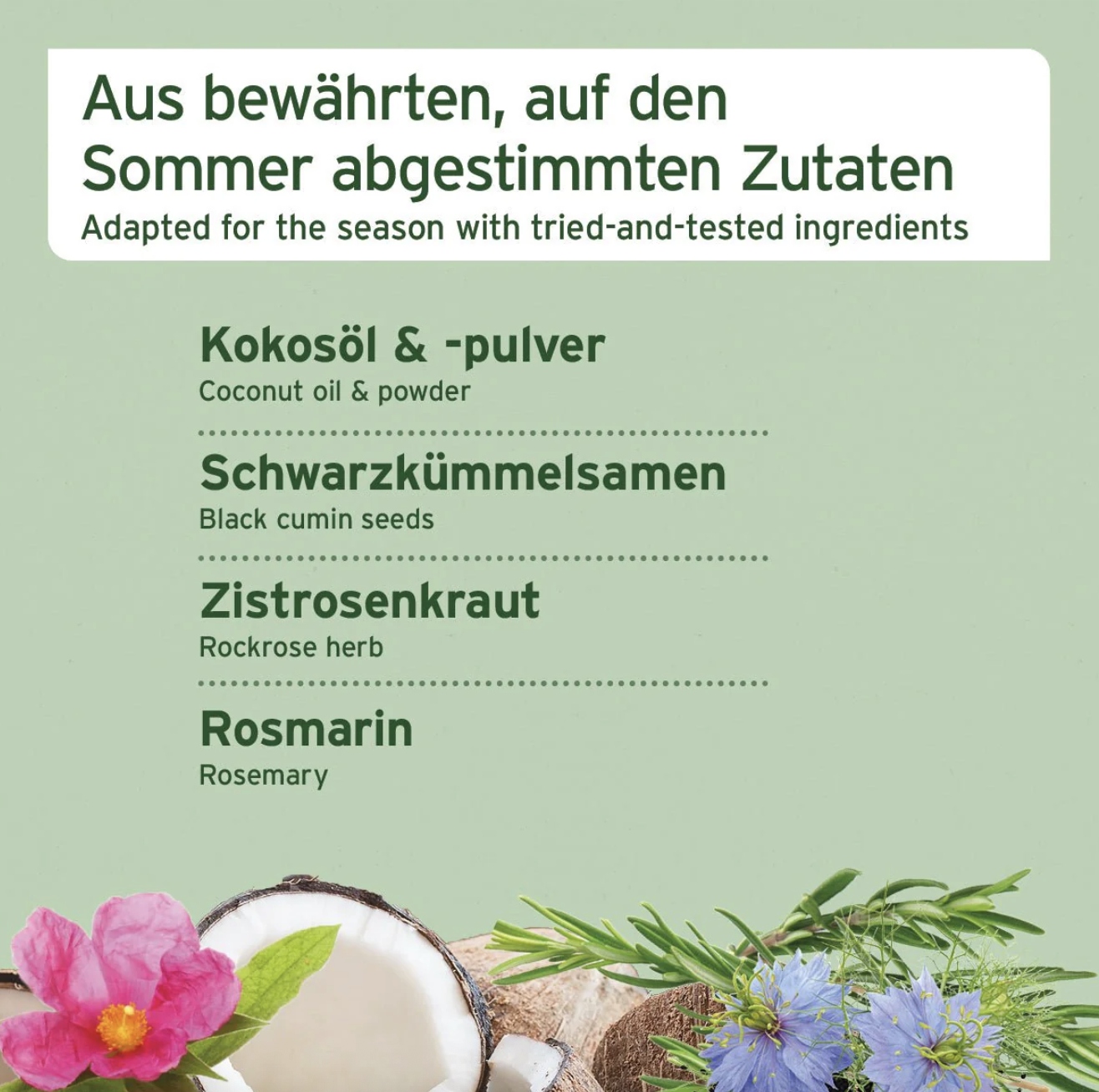 Składniki wspierające zdrowie – Schwarzkümmelöl, kokos i zistrosenkraut