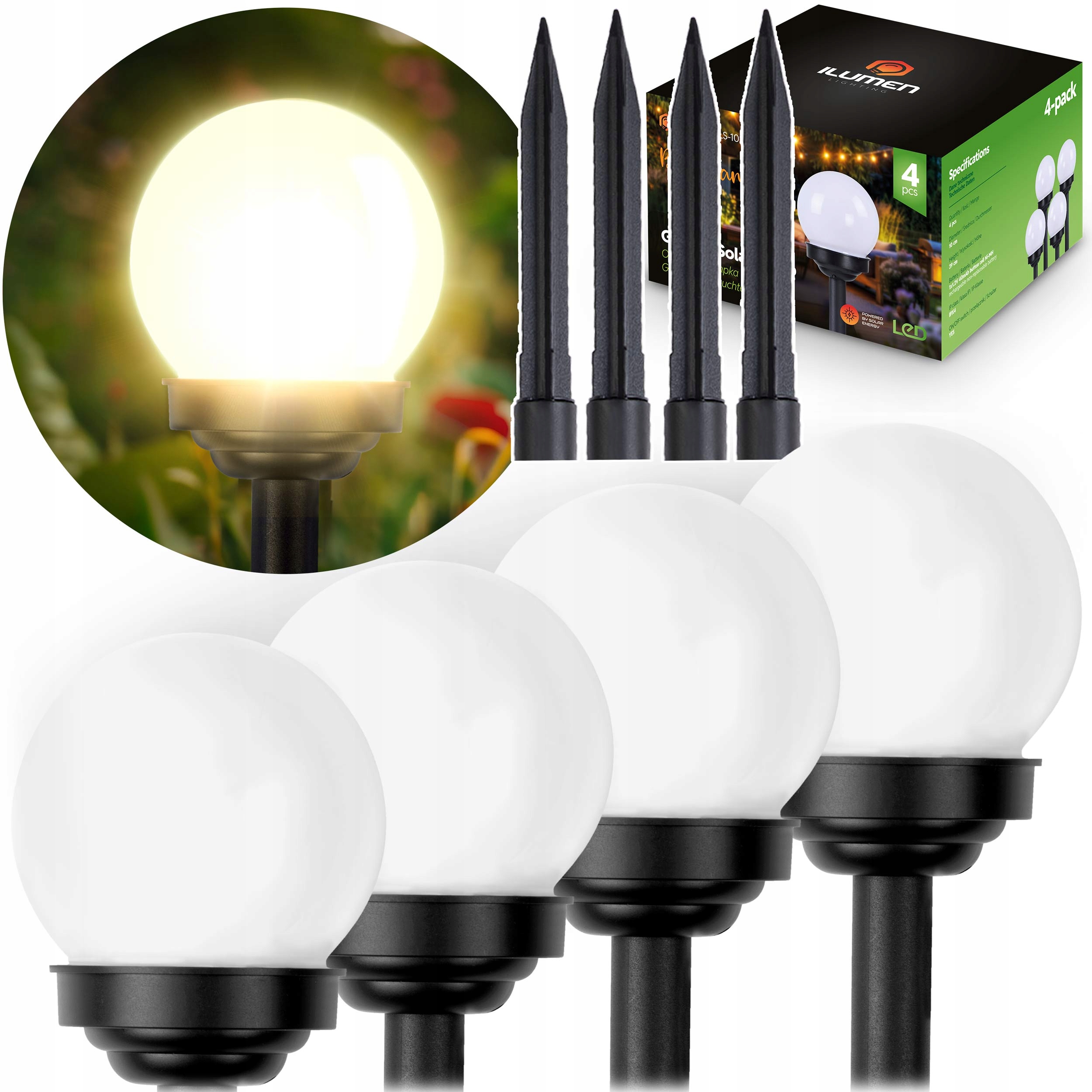 Lampka solarna biała kula 4 szt. LS-102 – Magia świateł w Twoim ogrodzie