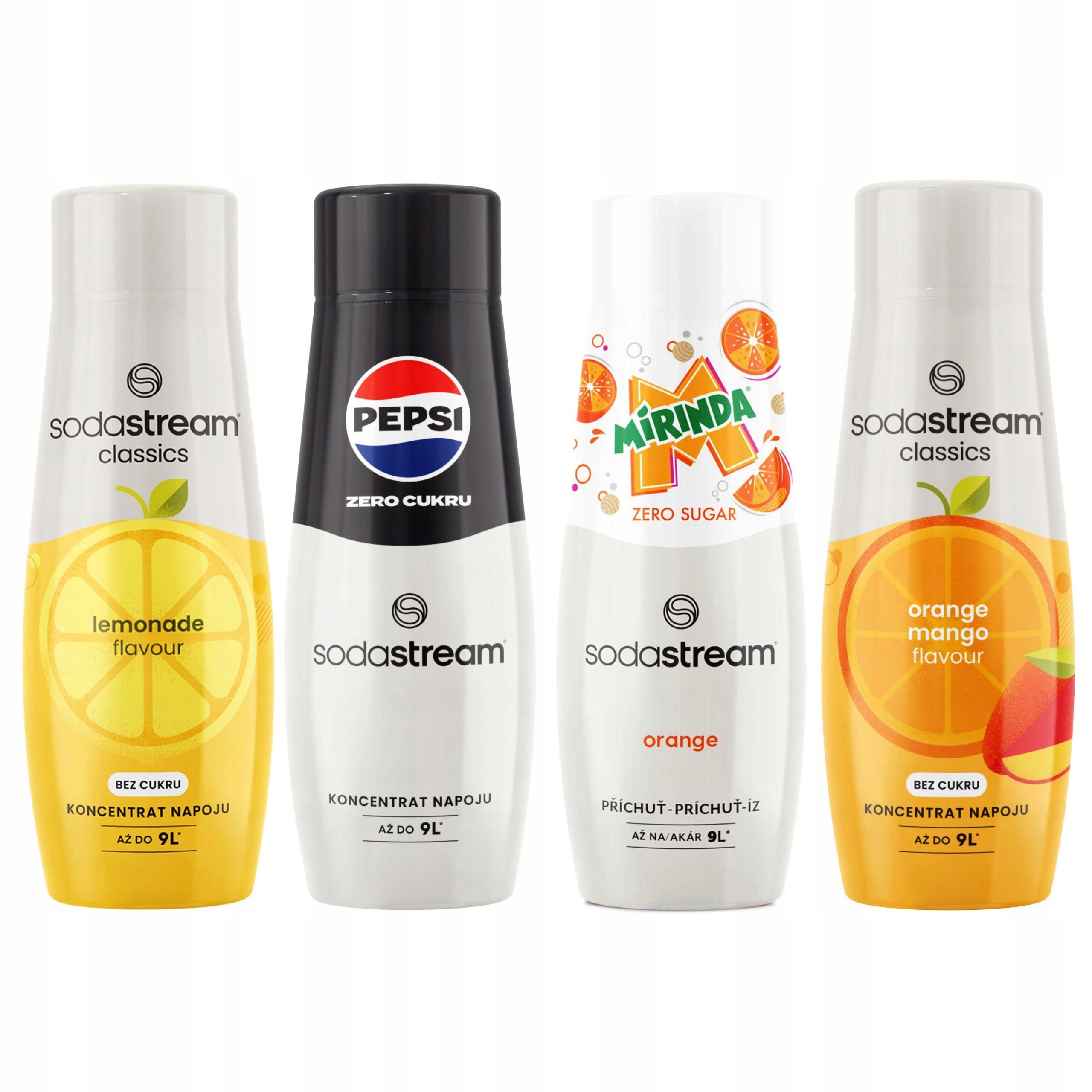 SODASTREAM Pepsi Zero + Mirinda Zero + Orange-Mango + Lemonade – Zestaw syropów do przygotowania napojów