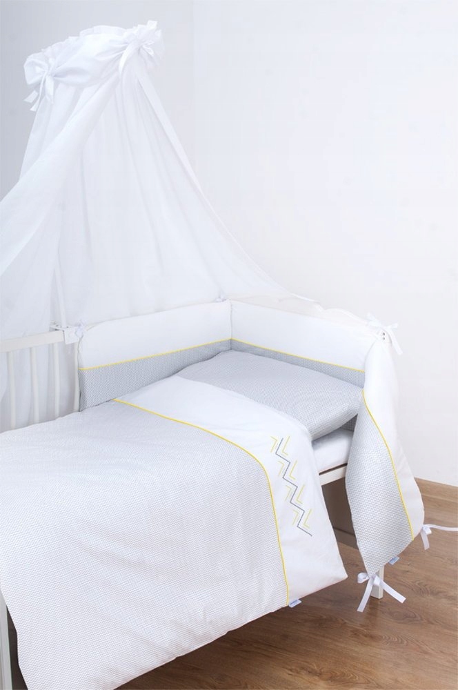 Modny design – Szaro-biała pościel z dodatkami w kolorze żółtym