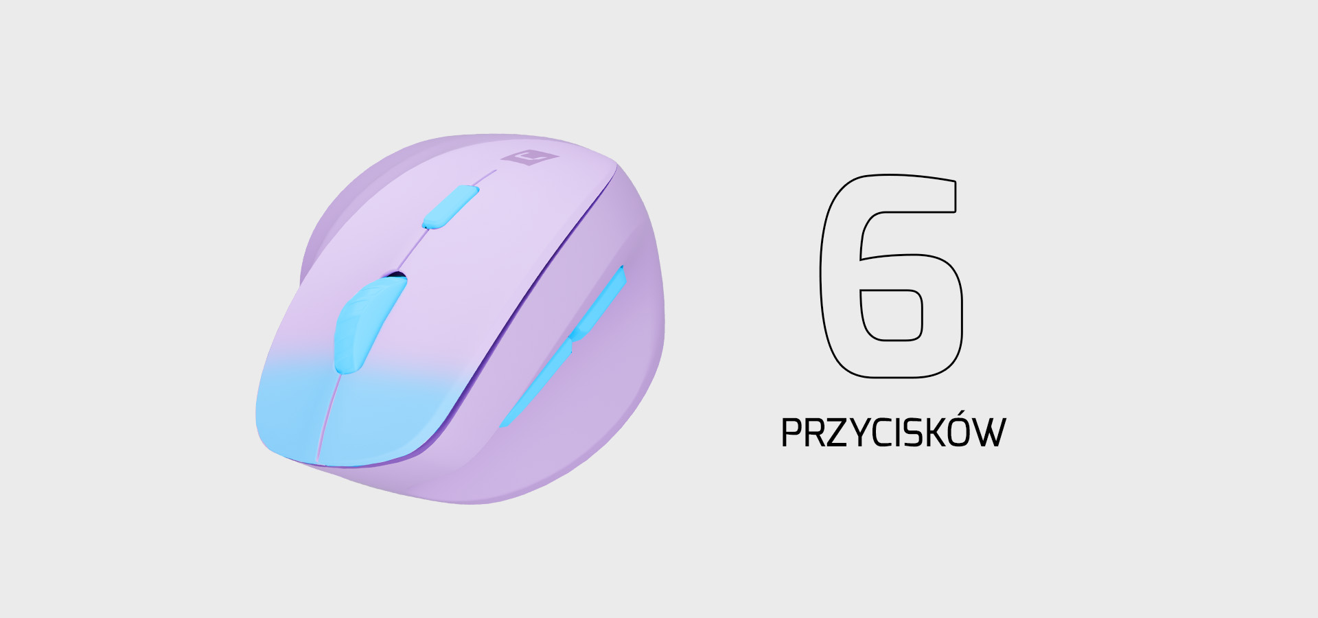 Bezprzewodowa mysz pionowa w kolorze lawendy, wyposażona w sześć przycisków podświetlonych na niebiesko.