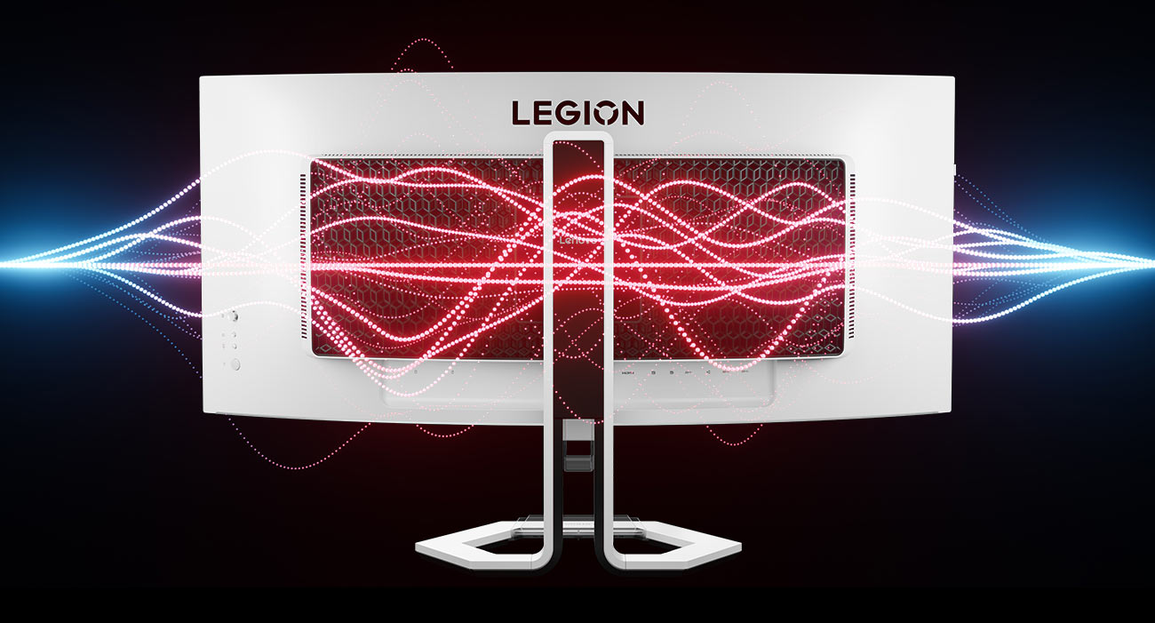 Monitor Lenovo Legion Pro 34WD-10 tyłem, kolorowe smugi światła przypominające fale dźwiękowe przechodzące przez monitor