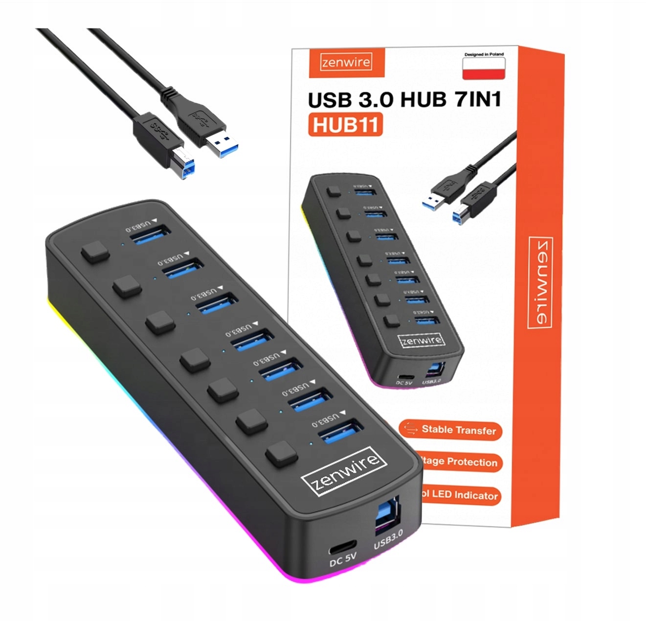 HUB 7x USB 3.0 Aktywny 7w1 Rozgałęźnik Portów Rozdzielacz USB-C RGB LED 5GB – Wydajność i styl w jednym