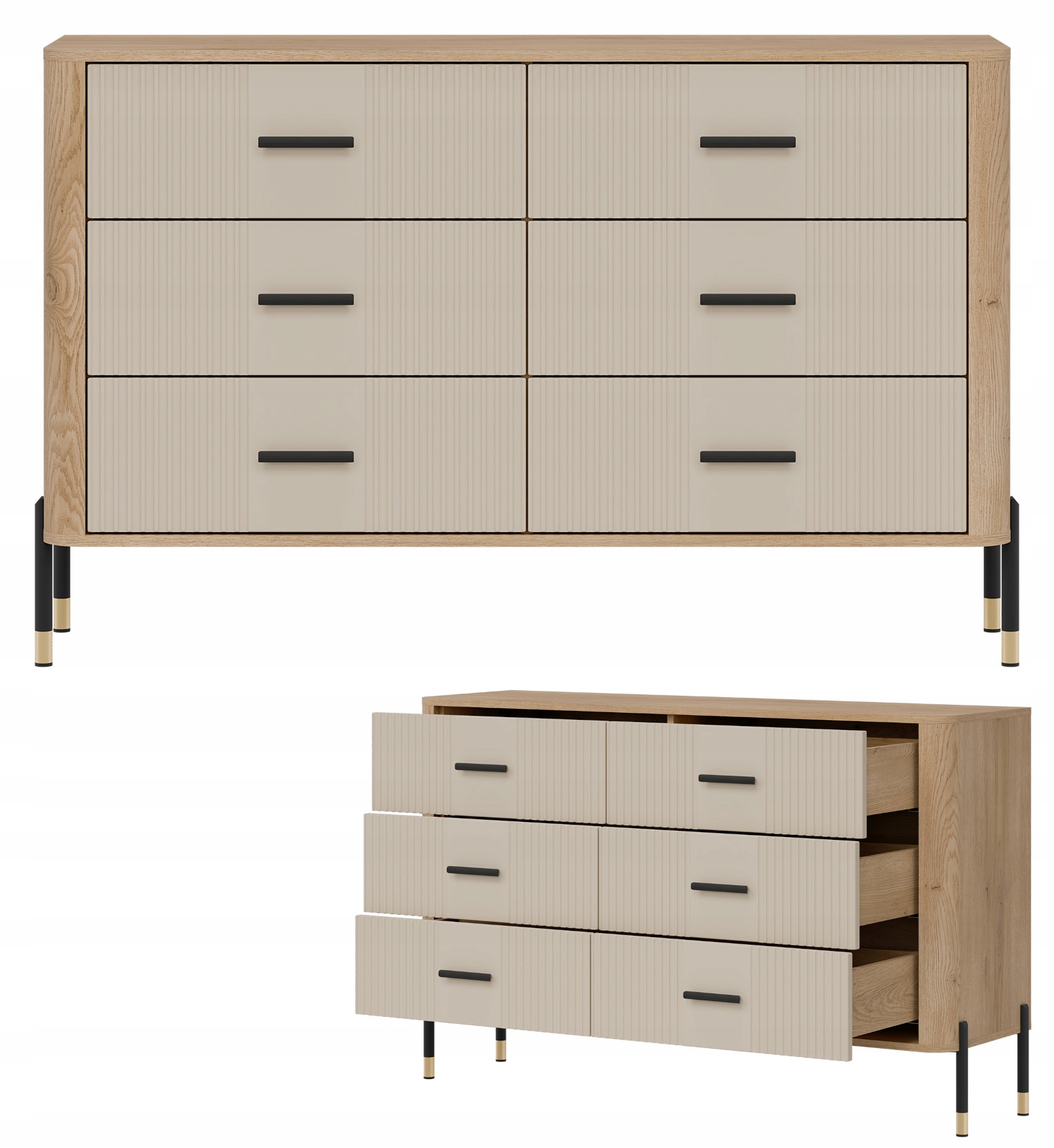 Komoda Szafka z 6 szufladami Szeroka 140 cm Dąb Kaszmir Złoty DANTE DT04 – Elegancja i funkcjonalność w Twoim wnętrzu