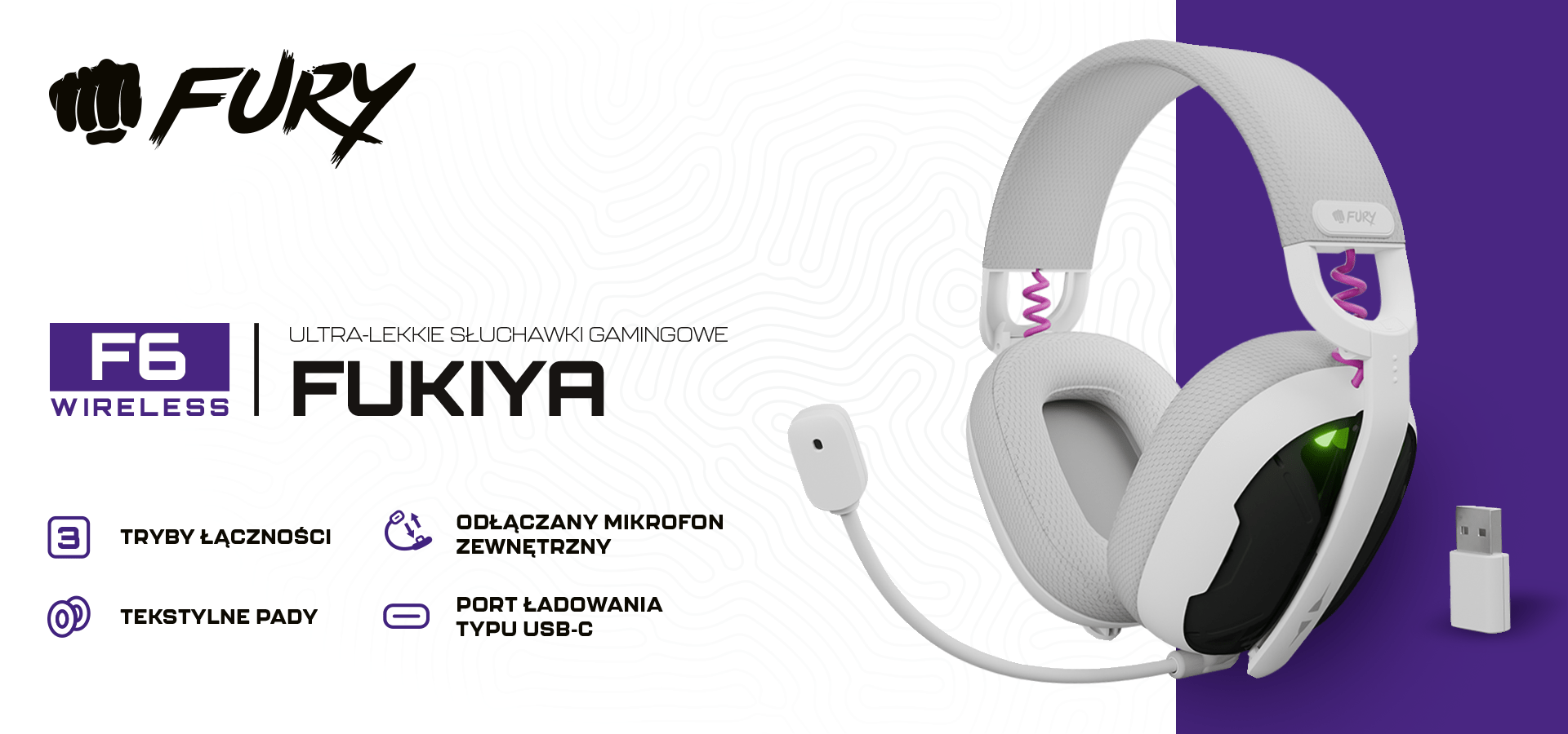 Bezprzewodowe słuchawki gamingowe FURY FUKIYA F6 w kolorze białym z odłączanym mikrofonem i portem ładowania USB-C