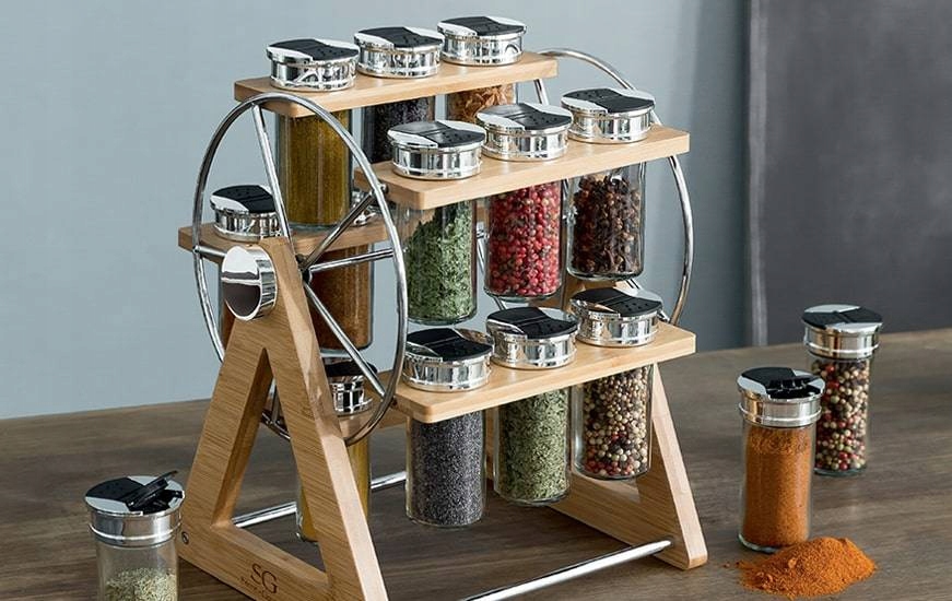5five Stojak na przyprawy bambusowy + 15 pojemników – Praktyczne rozwiązanie dla każdej kuchni