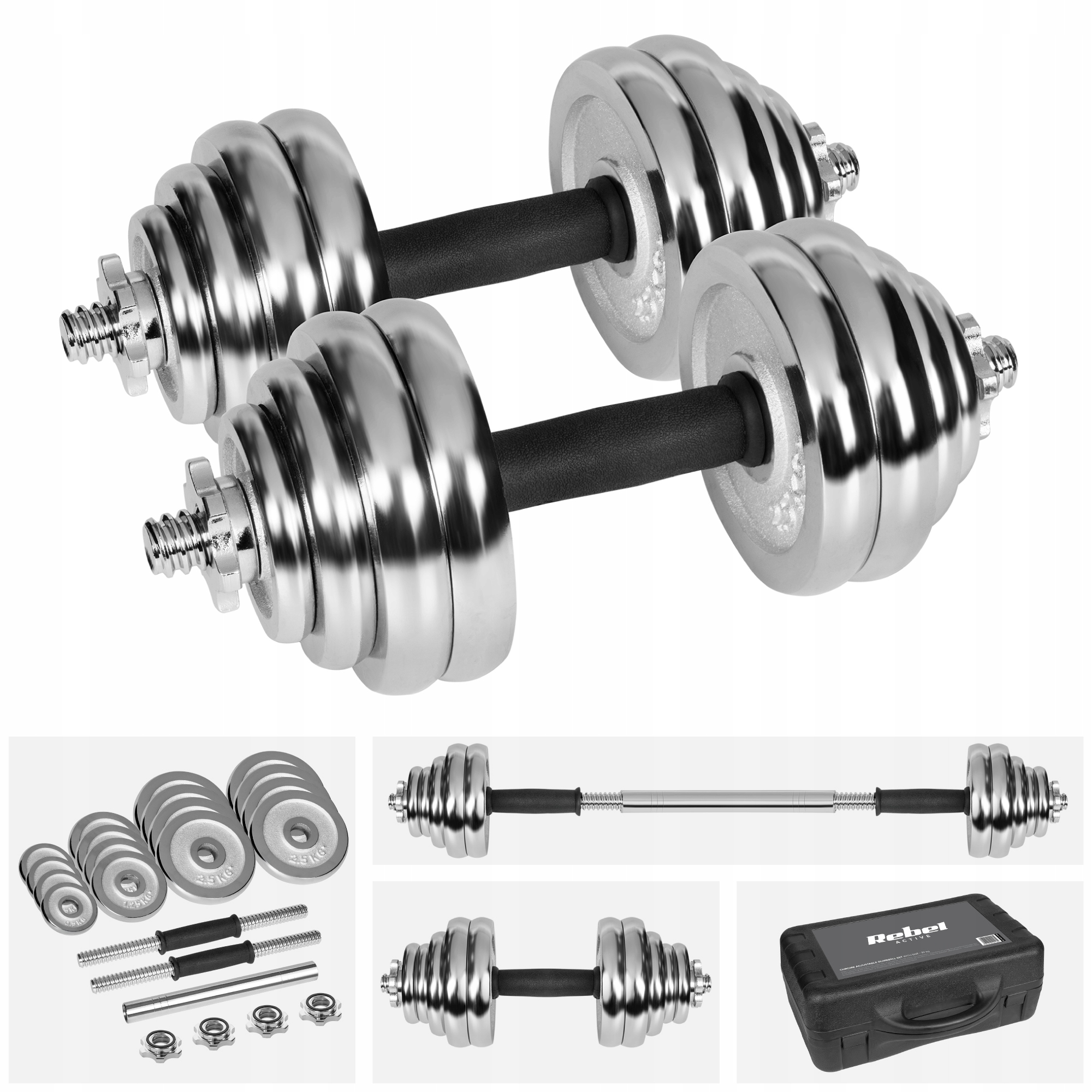 Hantle żeliwne chromowane regulowane w walizce z gryfem, zestaw 30kg REBEL ACTIVE – Idealny wybór do domowego treningu