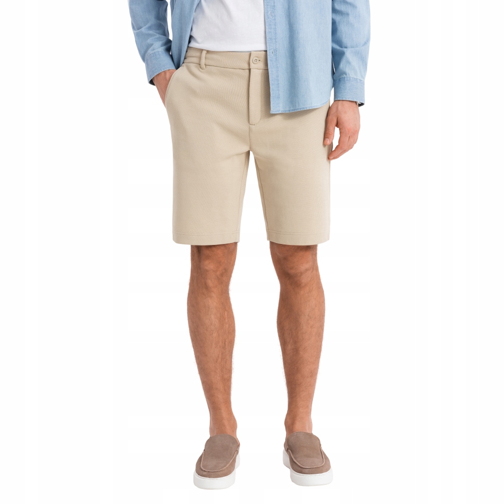 Szorty męskie ze strukturalnej dzianiny SLIM FIT piaskowe V3 OM-SRCS-0169 S – Idealny wybór na lato