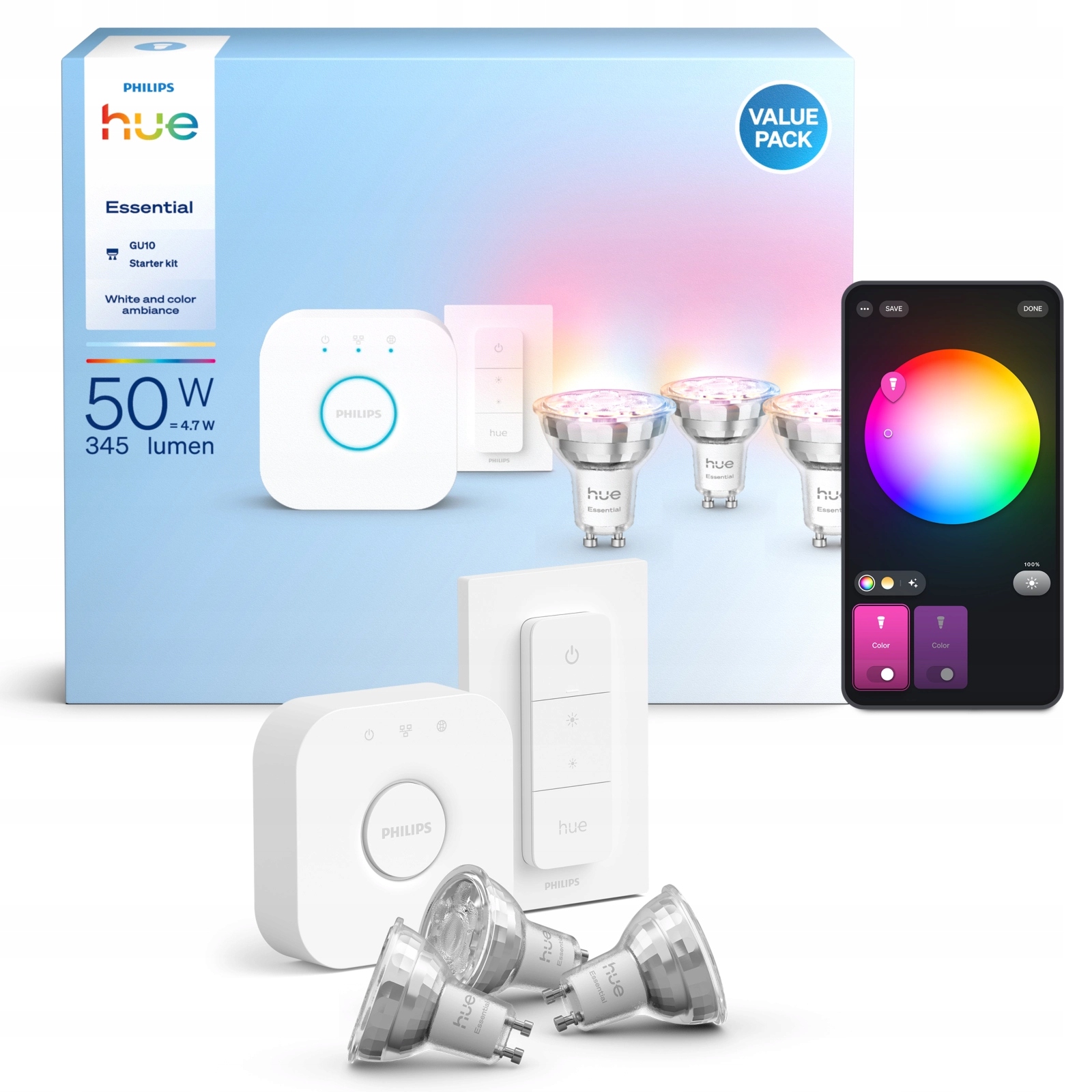 Philips Hue White and color ambiance – Podstawowy zestaw startowy z inteligentnymi żarówkami GU10