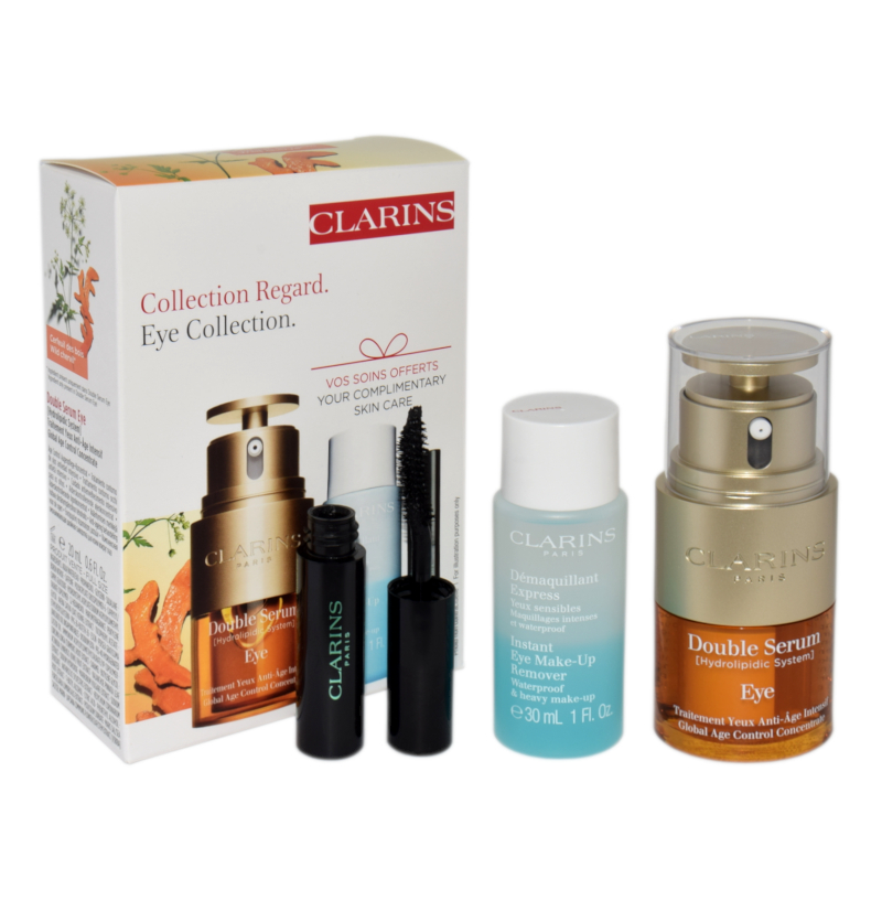 Clarins SET (DOUBLE SERUM EYE 20ML + INSTANT EYE MAKE UP REMOVER 50ML + MASCARA SUPRA LIFT & CURL 3ML) – Kompleksowa pielęgnacja oczu
