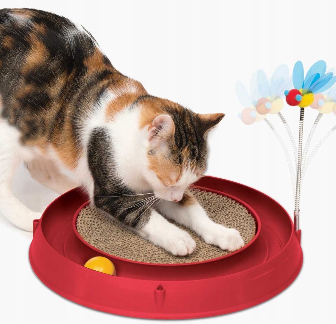 Interaktywna zabawka 3 w 1: Drapak, tor z piłeczką i pszczółka na sprężynce