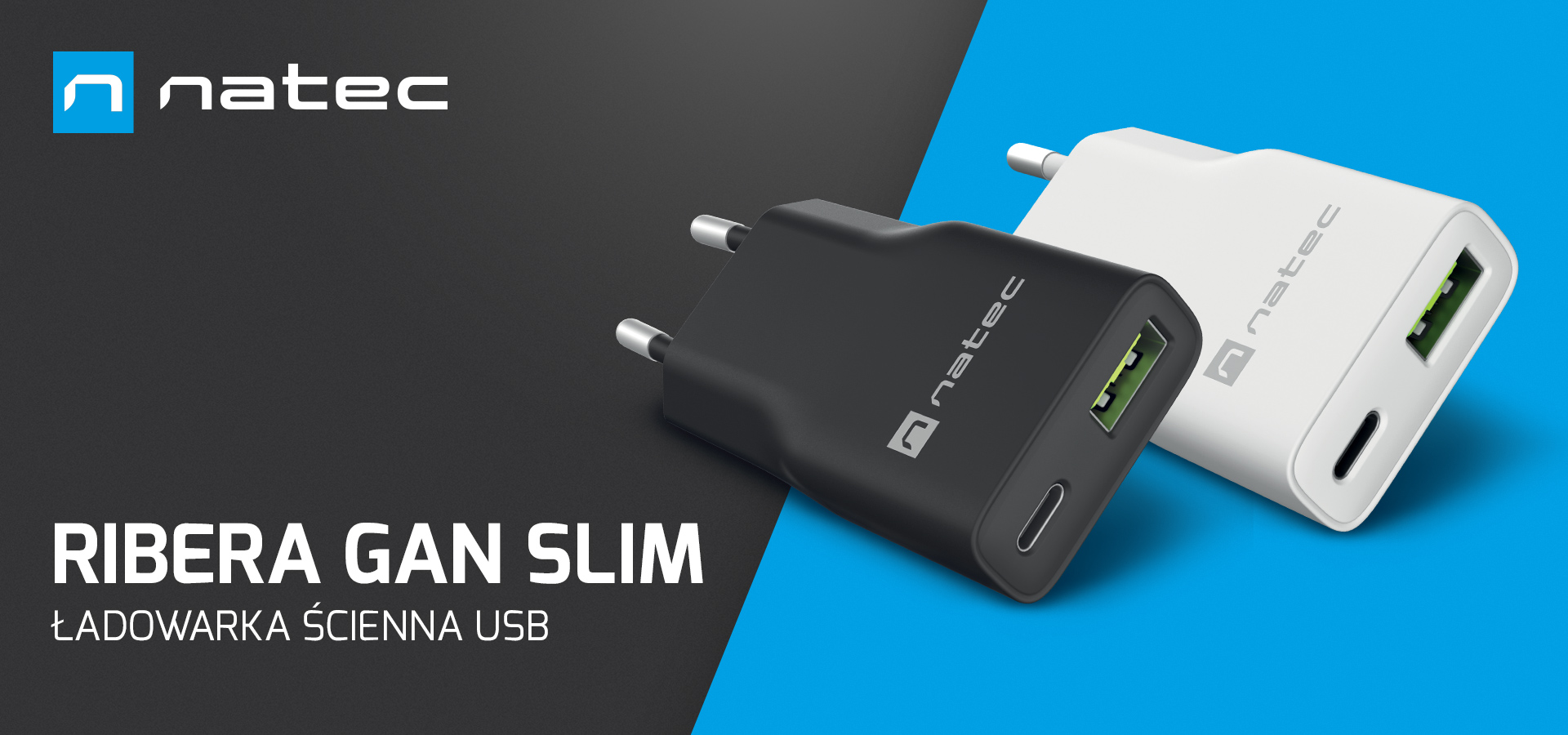 Czarna i biała ładowarka ścienna z wieloma portami USB na ciemnym tle.