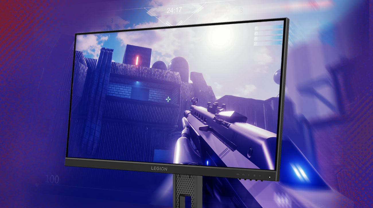 Monitor Lenovo Legion 24-10, na ekranie scena z wojennej gry komputerowej