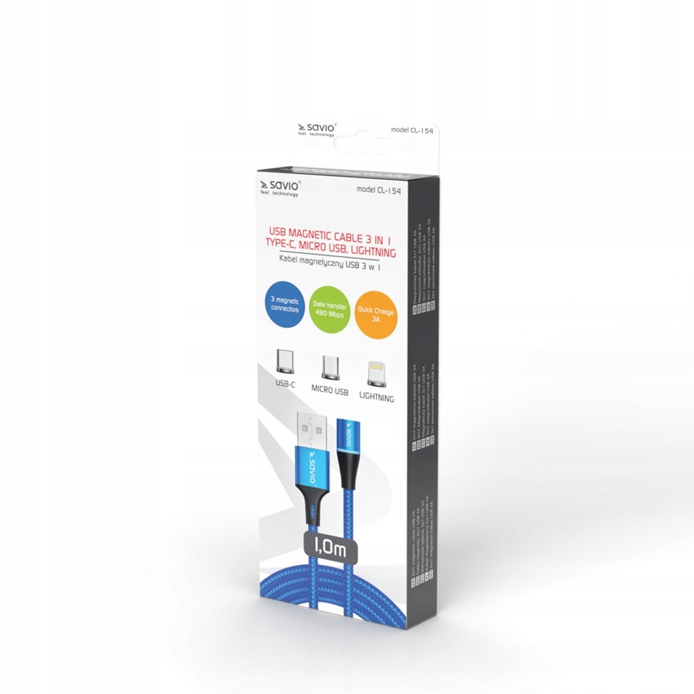 Kabel USB Savio USB-A - USB-C + microUSB + Lightning 1 m Niebieski (CL-154) – Idealne rozwiązanie do ładowania i transmisji danych