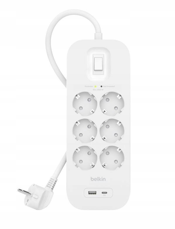 Listwa zasilająca Belkin SurgePlus 6x Schuko 1xUSB-A 1xUSB-C – Ochrona Twoich urządzeń