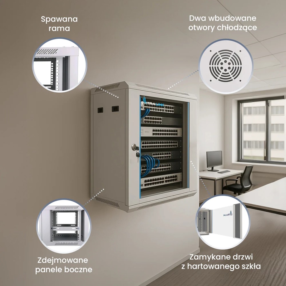 Biała szafa rack Extralink 9U zamontowana na ścianie biura, z wyróżnionymi cechami: spawana rama, otwory chłodzące, zdejmowane panele i drzwi z hartowanego szkła
