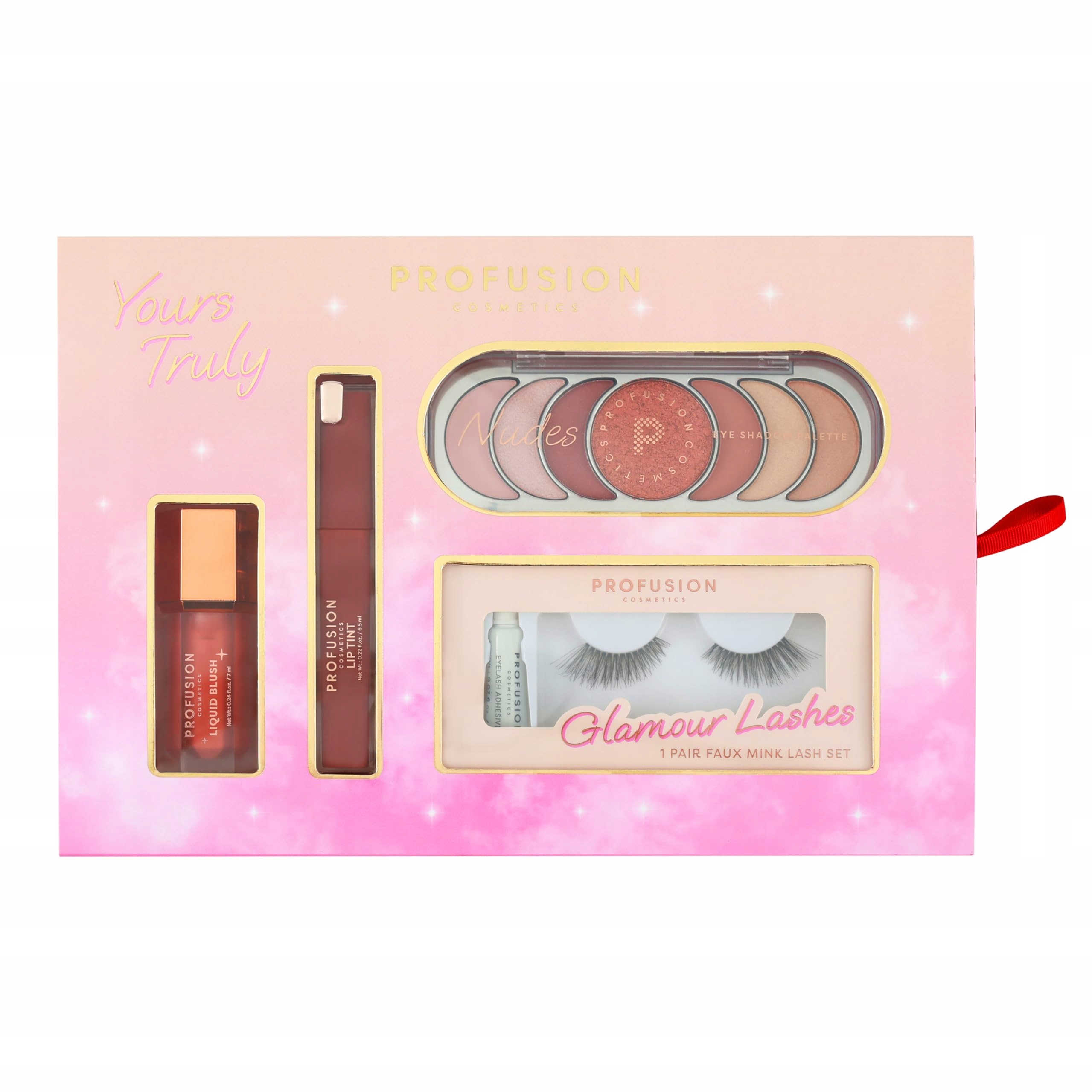 Zestaw kosmetyków: Liquid Blush, Lip Tint, Paleta cieni i sztuczne rzęsy – Twój kompletny zestaw makijażowy