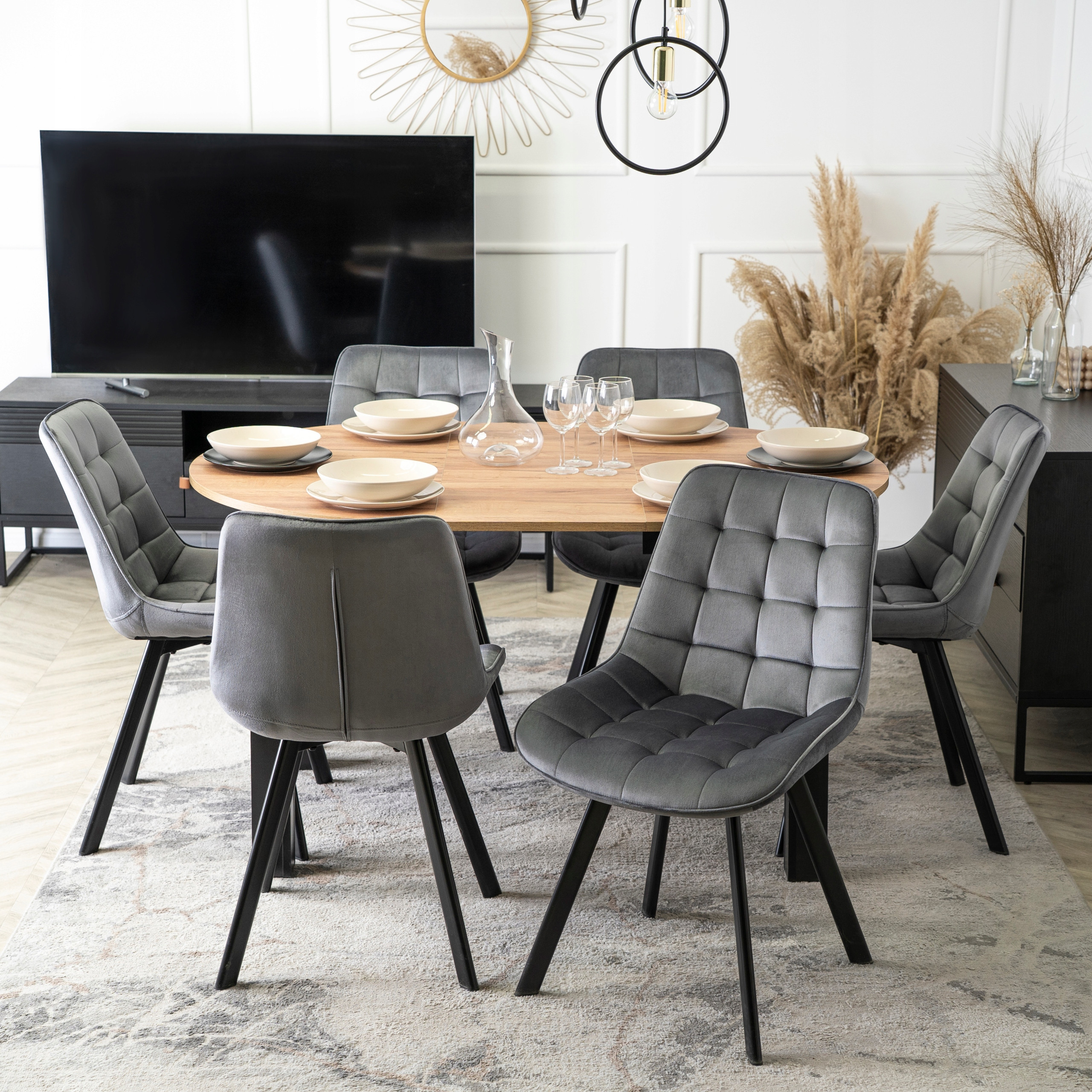 Zestaw Stół Okrągły Rozkładany z Krzesło 6x Tapicerowane Szare Welurowe – Elegancja i funkcjonalność w Twoim domu