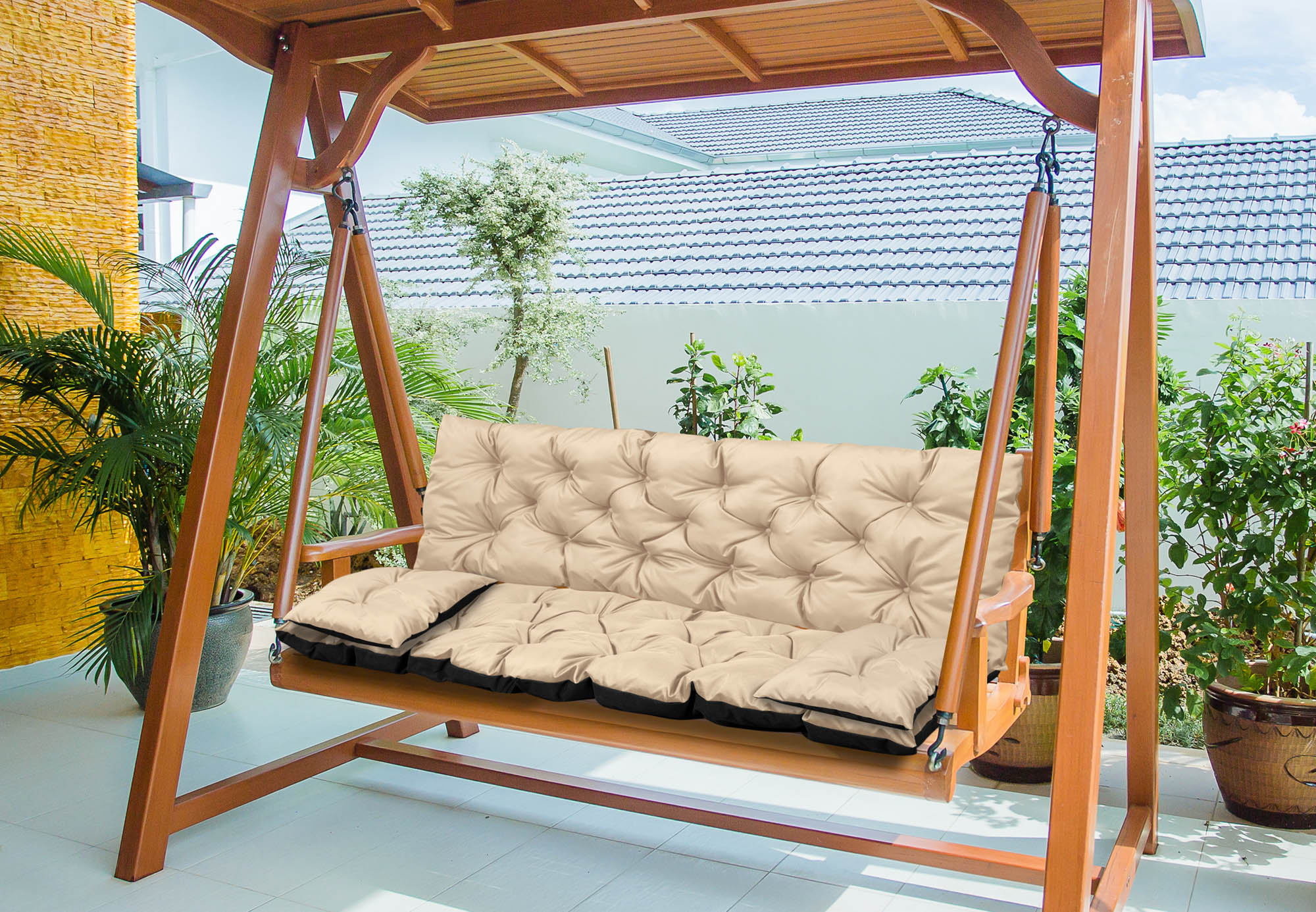 Poduszka ogrodowa 150x60x50 cm + 2 poduszki na ławkę huśtawkę wodoodporna beżowa – Komfort i styl w Twoim ogrodzie