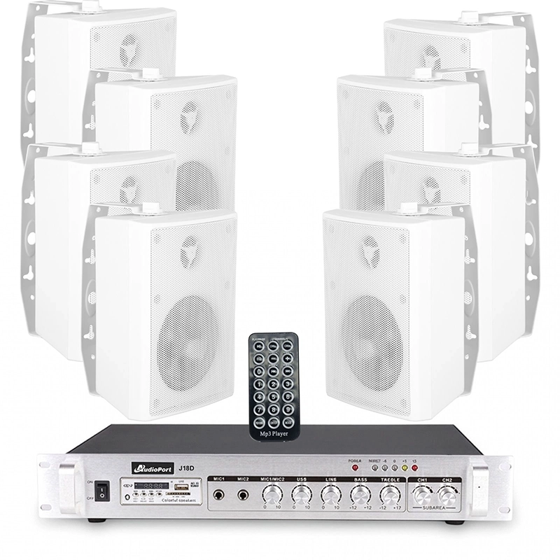 Zestaw białych głośników naściennych 8x 4'' z 2-strefowym wzmacniaczem – Idealne nagłośnienie do każdego wnętrza