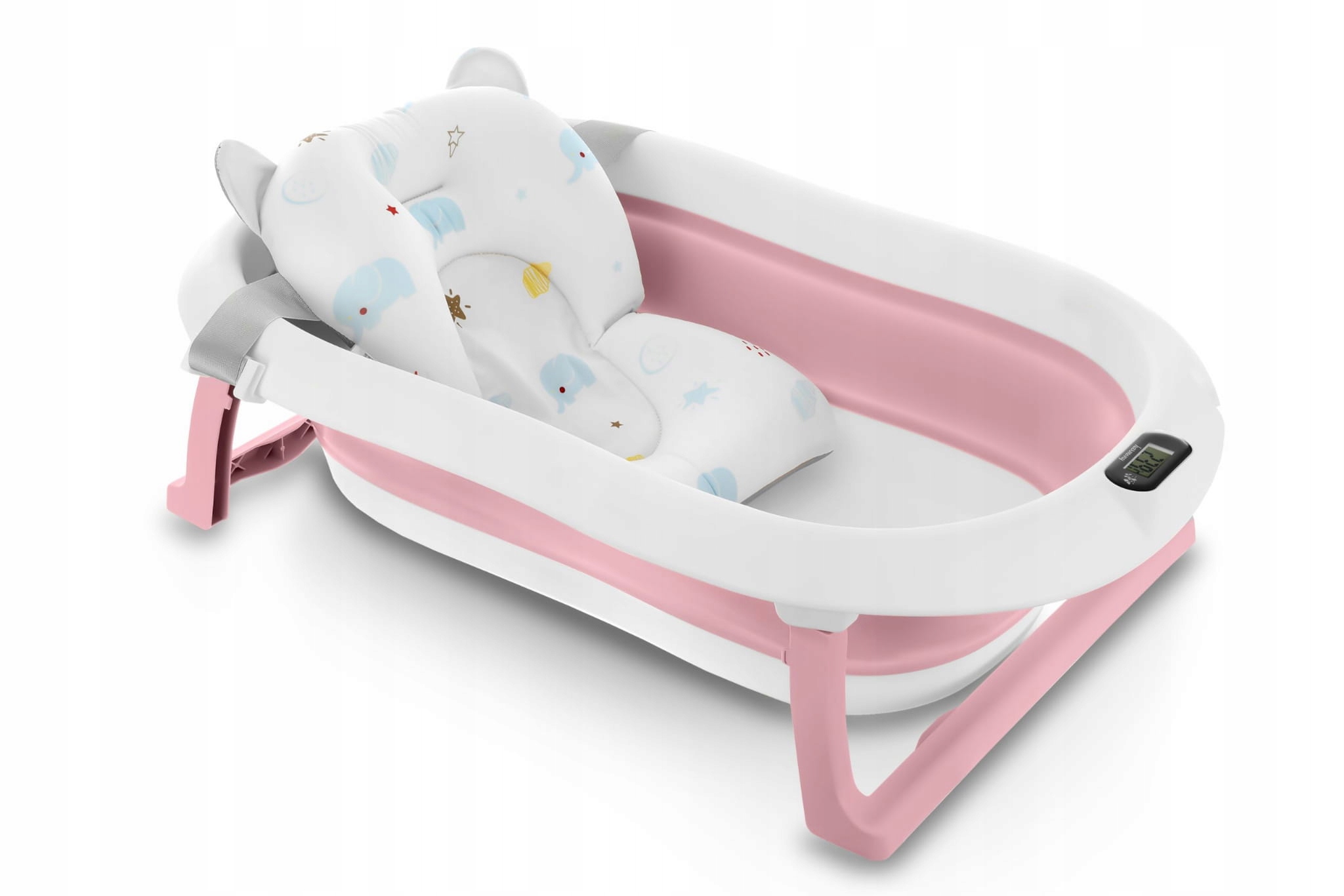 Wanienka dziecięca z termometrem Harmony różowa + poduszki słoniki – komfortowa kąpiel dla maluszków