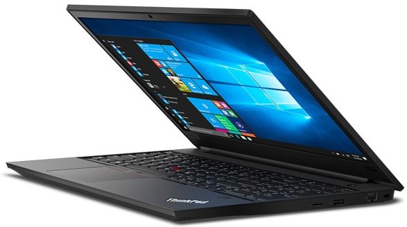 Lenovo ThinkPad E590 laptop angled right, open about 75 degrees.