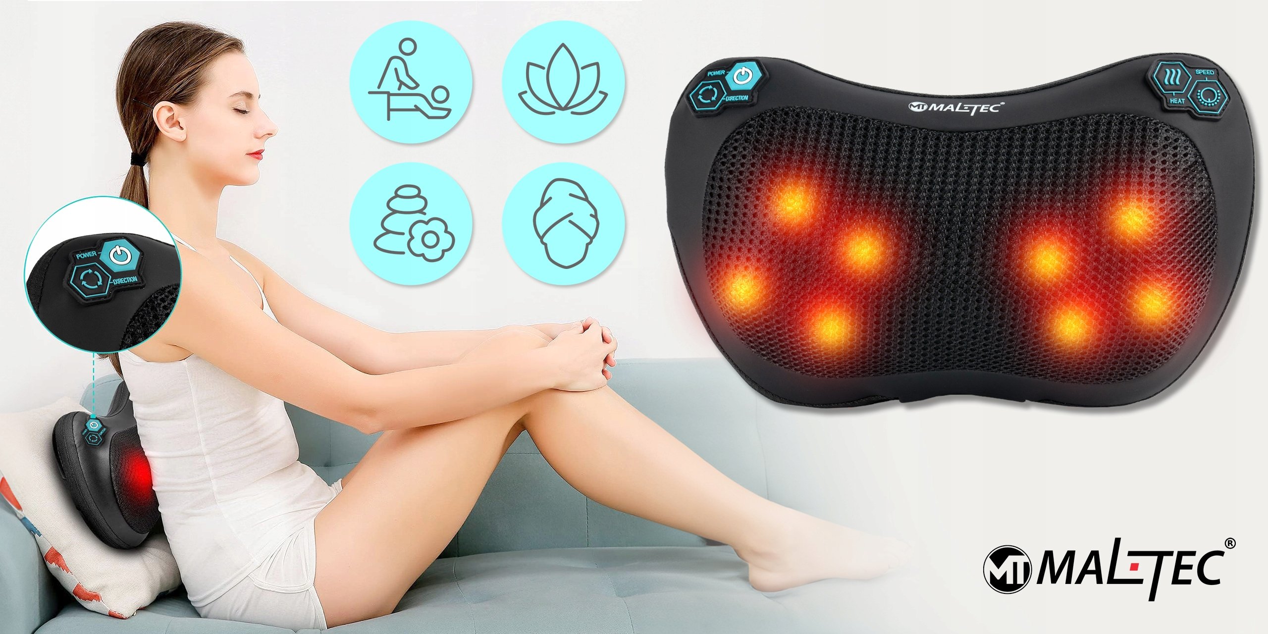 MASAŻER PODUSZKA MASUJĄCA SHIATSU DO PLECÓW KARKU NÓG CIAŁA GRZEJĄCY Kolor dominujący czarny