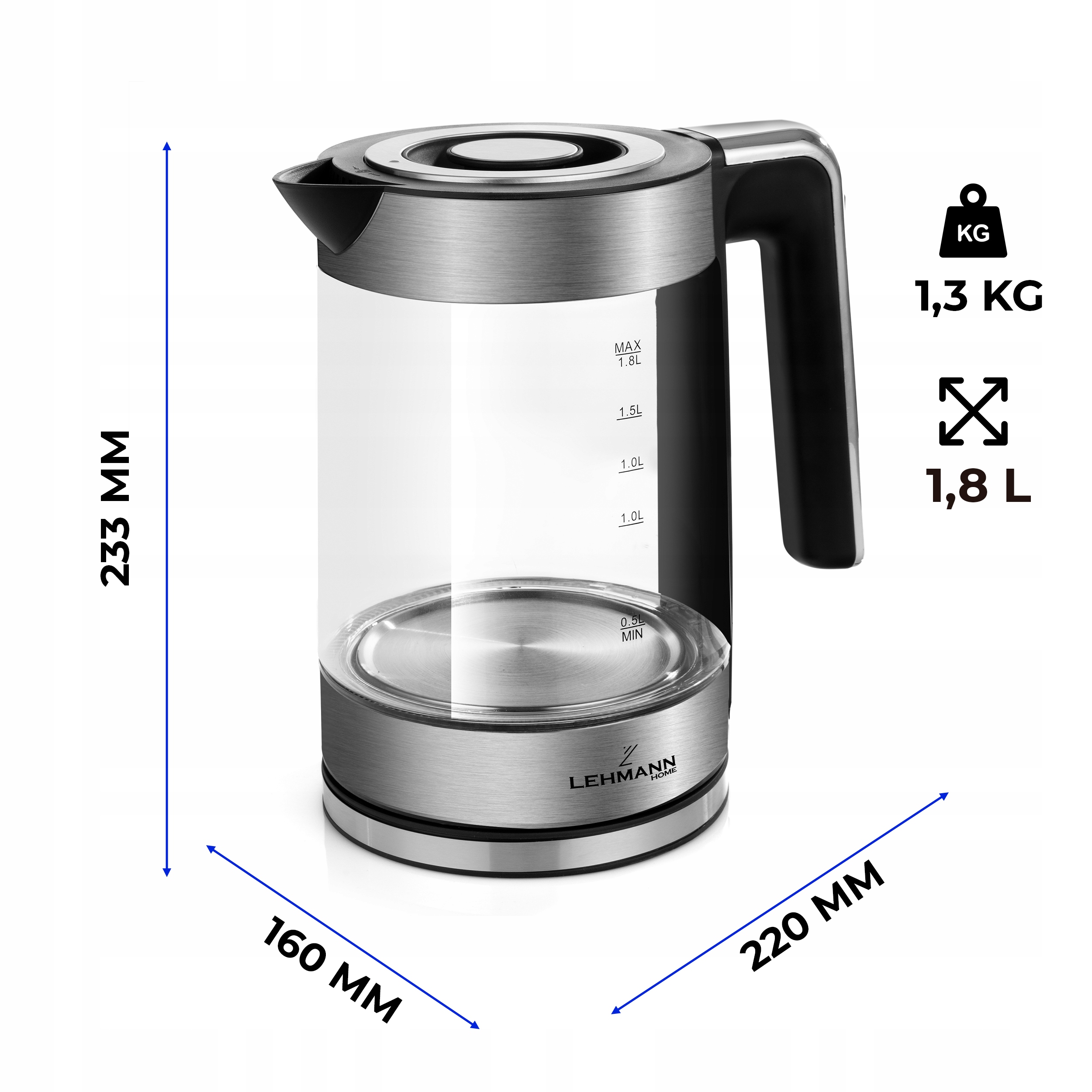Czajnik elektryczny Lehmann 1,8L Czarno-Srebrny 2200W Stal Nierdzewna INOX Głębokość produktu 22 cm