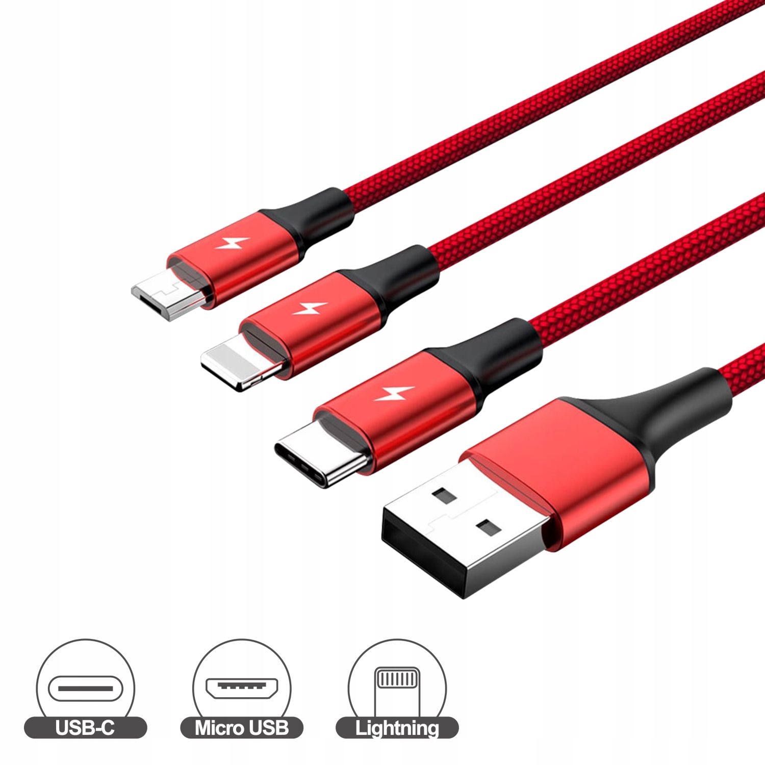 Kabel USB-A - USB-C + microUSB + Lightning 1.2 m Czerwony (C4049RD) – Idealne rozwiązanie do ładowania