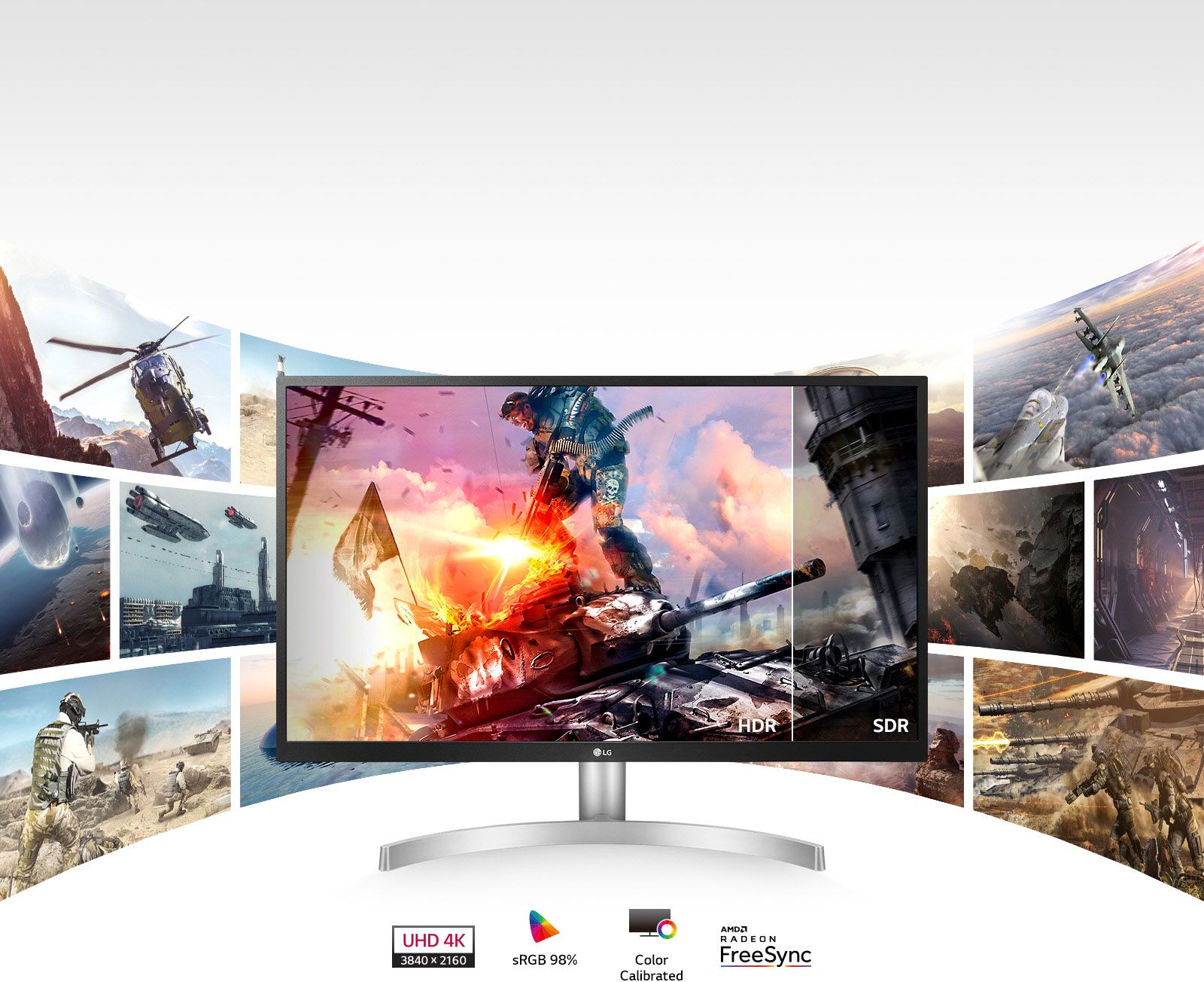 WyÅ›wietlacz monitora LG z grafikÄ… gier wideo i ekranami wielopanelowymi.