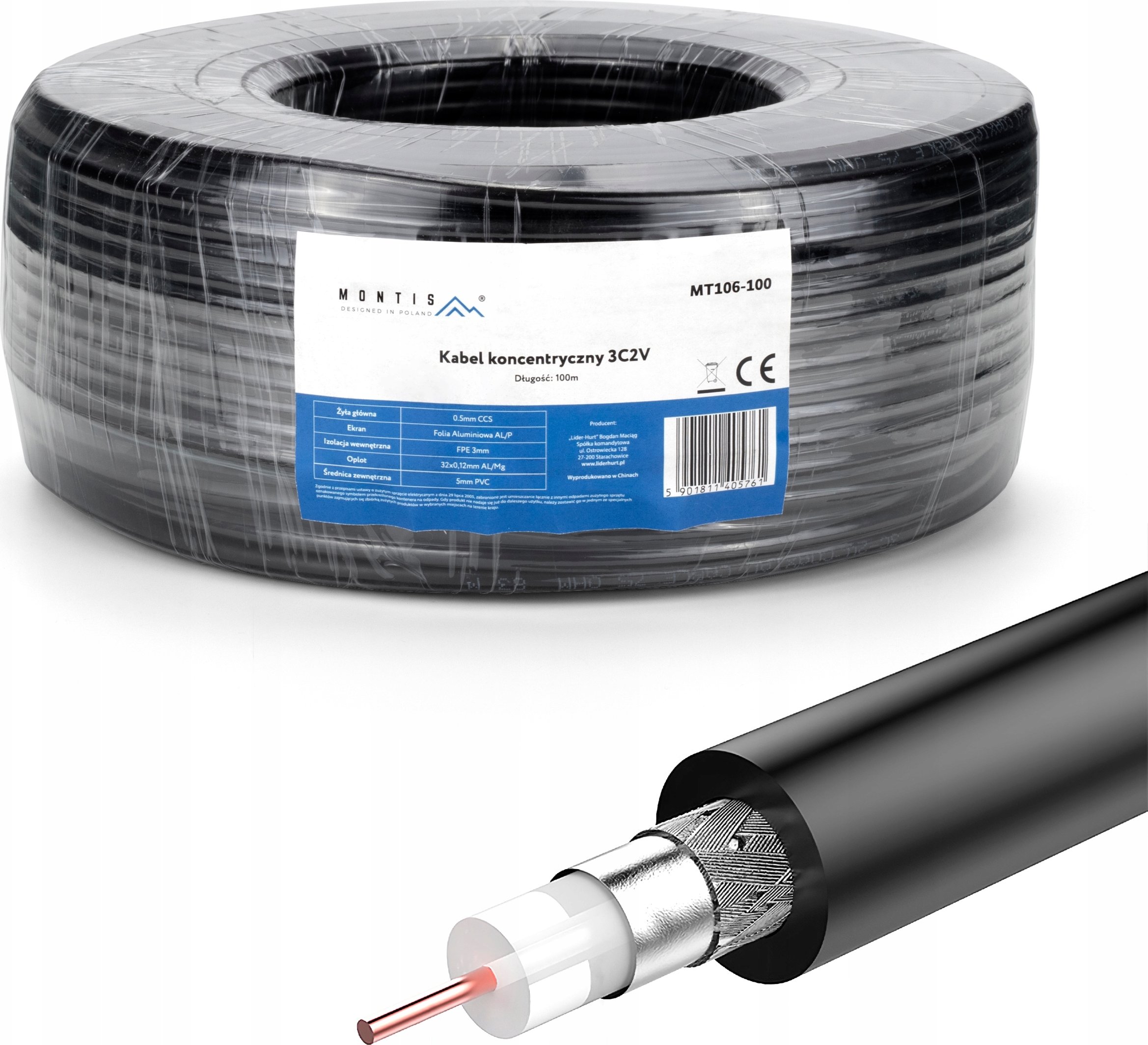 Kabel koncentryczny 3C2V 100m Montis MT106-100 – Idealne rozwiązanie do systemów telewizyjnych