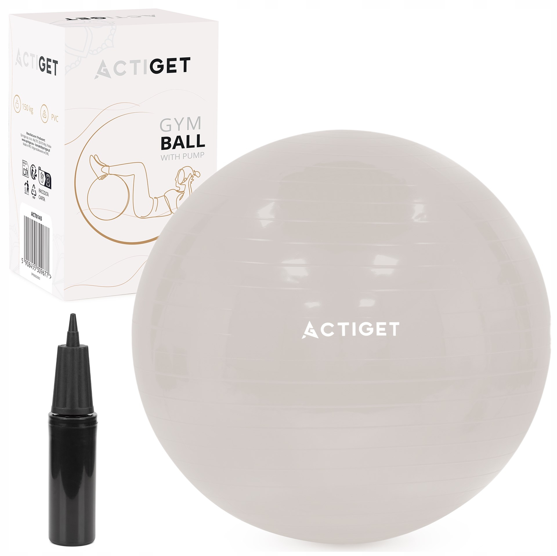 Piłka do ćwiczeń pilates 65 cm z pompką ACTIGET – Beżowa i wszechstronna