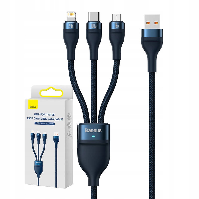 Kabel USB-A - USB-C + microUSB + Lightning 1.2 m Niebieski (CASS030003) – Wszechstronność w Twoim domu