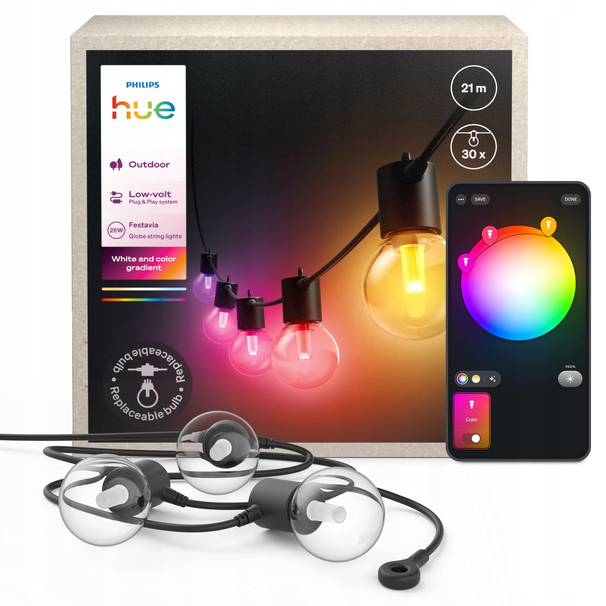Philips Hue Festavia Globe - Lampa ogrodowa 21m z 30 żarówkami