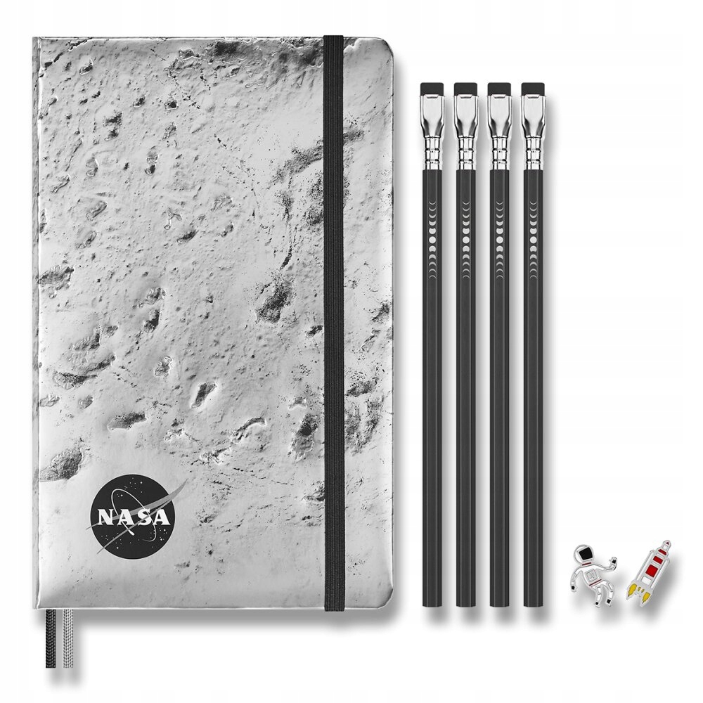 Zestaw NASA: 2 przypinki + 1 notes L w linie + 4 ołówki – Idealny prezent dla kreatywnych