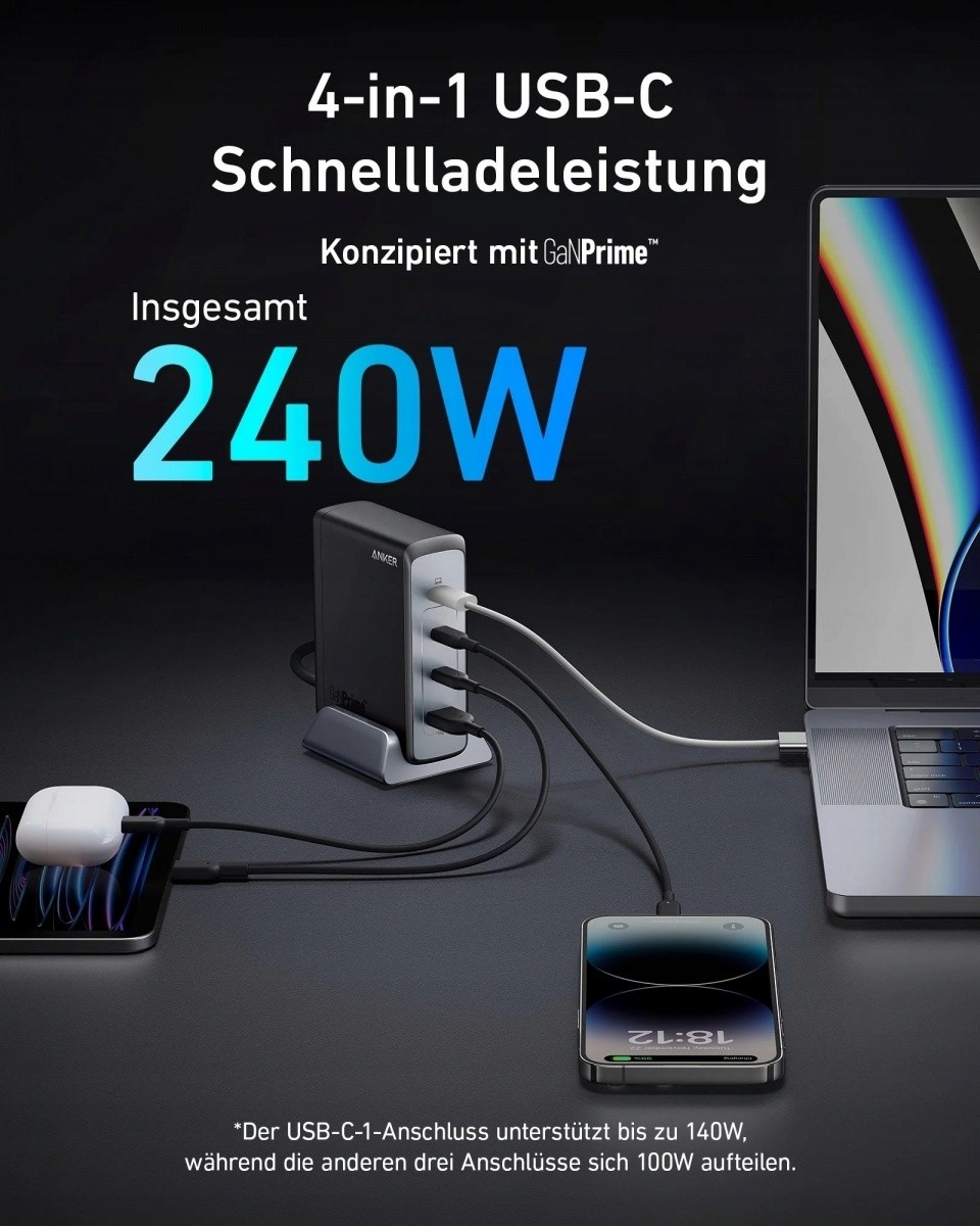 Super moc 240W – Ładowanie do 4 urządzeń jednocześnie