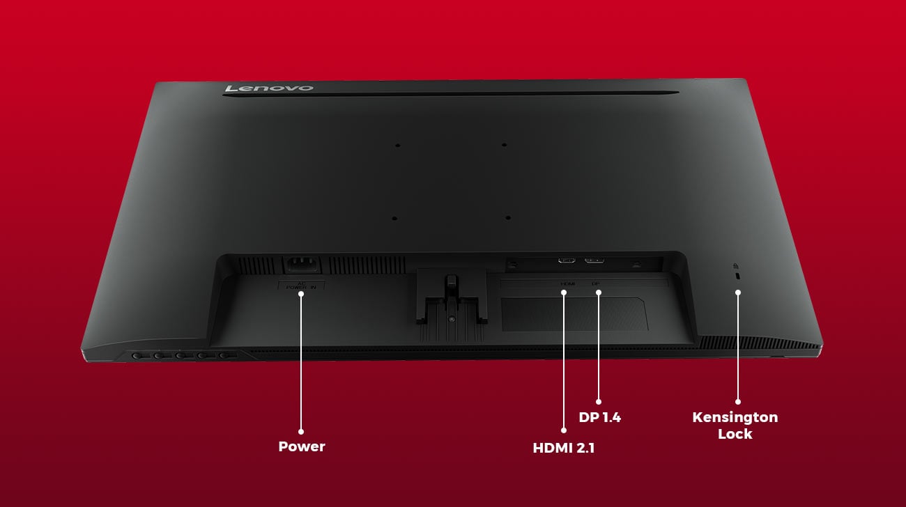 Widoczne porty i gniazda : zasilanie, HDMI (High-Definition Multimedia Interface), DP 1.4 (Display Port), blokada Kensington