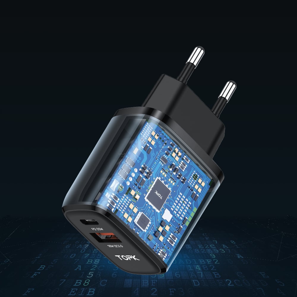 Szybka Ładowarka sieciowa USB + USB C PD 20W Topk Prąd wyjściowy 3100 mA
