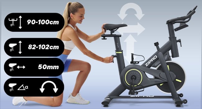Rower spinningowy ZIPRO Modo - reguklacja wysokośći (82-102cm), wychylenie (w zakresie 50mm) i kąta siodełka